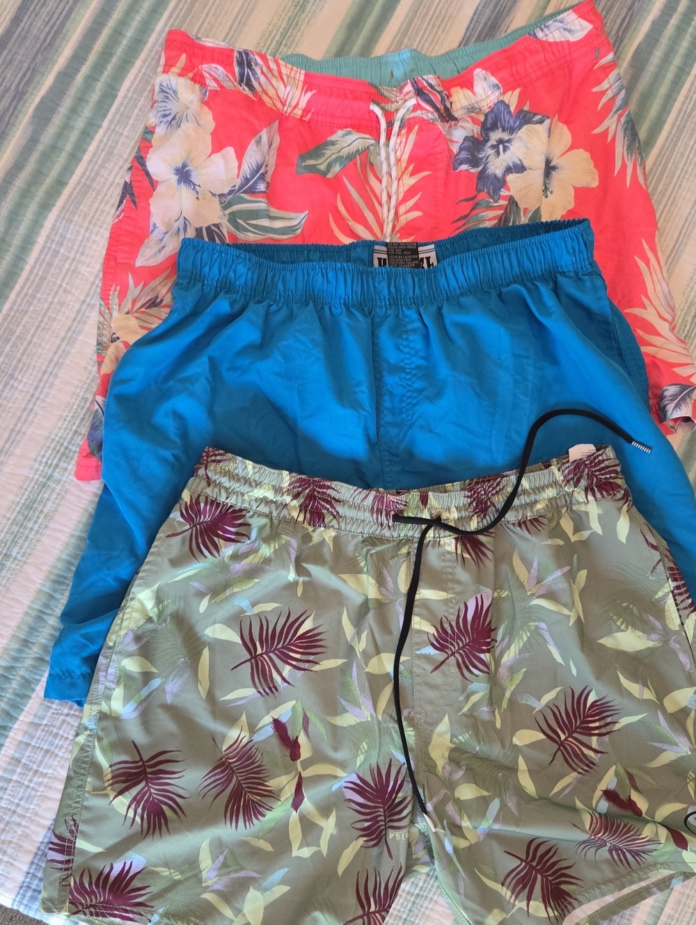 "3" Men’s Tropical Swim Shorts Trio - Coral, Blue, Sage with Burgundy Print
